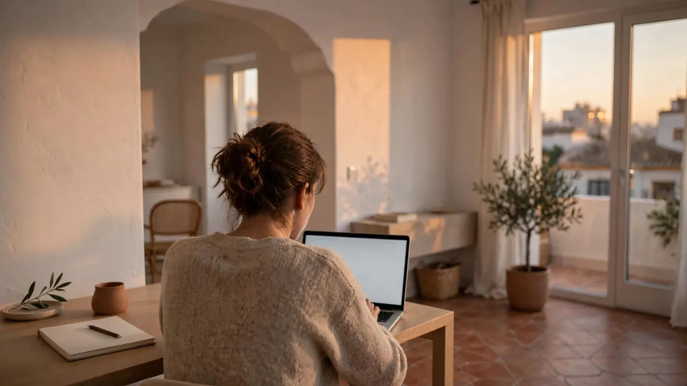 Persona estudiando en un ordenador portátil en un apartamento luminoso