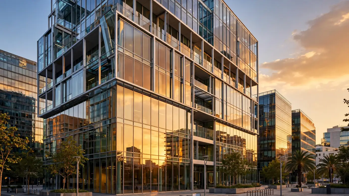 Distrito financiero moderno con fachada de edificio de oficinas al atardecer