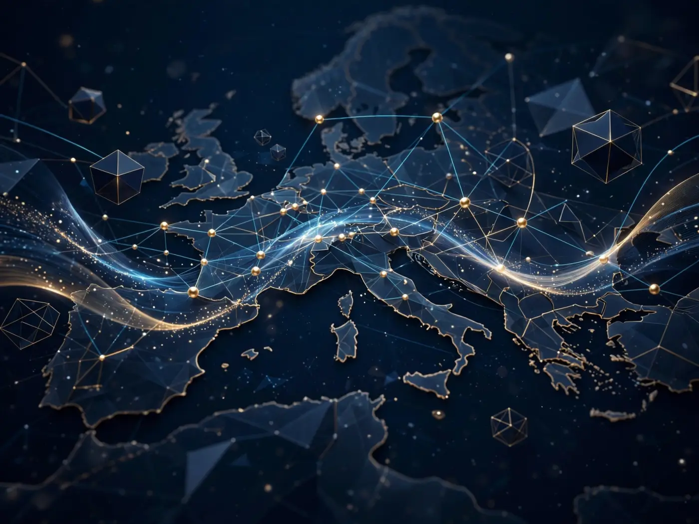 Visualización abstracta de flujos de datos de mercados europeos con líneas y nodos