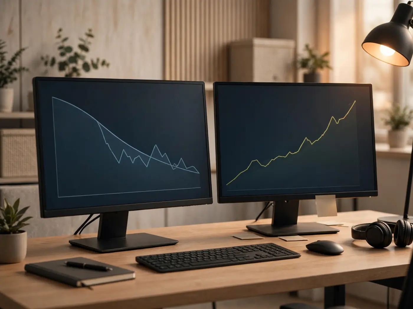 Espacio de trabajo de análisis con dos monitores mostrando gráficos conceptuales